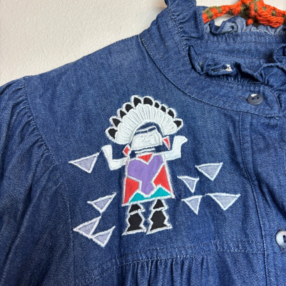 Vintage 90s Denim Maxi Dress Embroidered Kachina Blue Large Prairie Cottage Boho - Picture 3 of 16